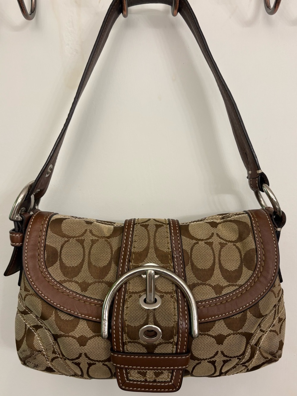 Vintage Coach 10296 Soho Signature Jacquard & Leather Shoulder Bag Khaki / Brown